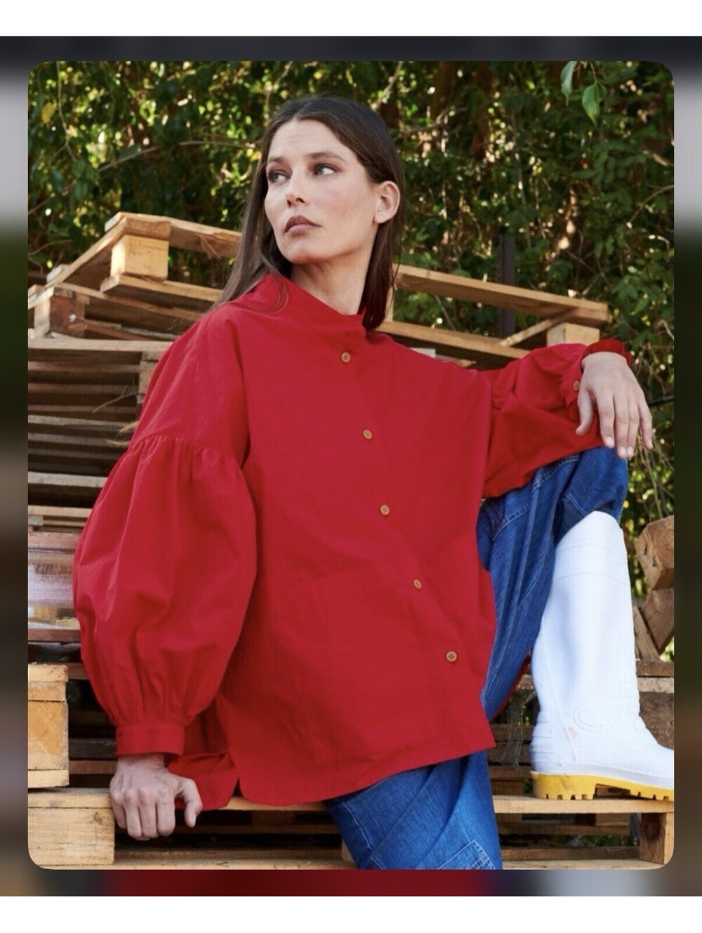 Alembika Lydia Hi-Lo Blouse Size M Red Button Lagenlook Oversized Puff Sleeves